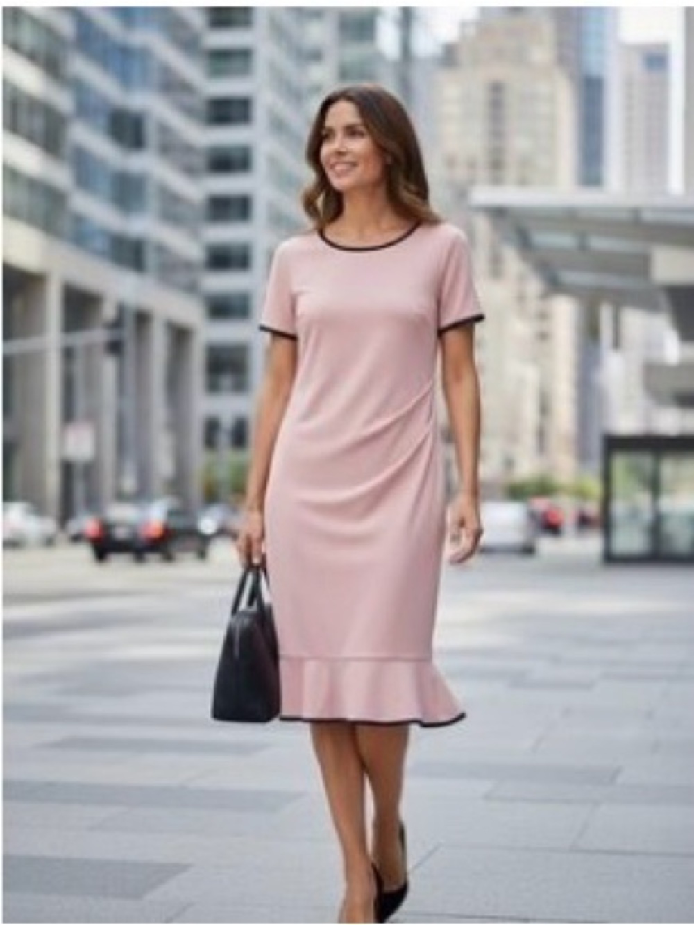Shelby & Palmer Soft Pink Midi Dress with Black Trim